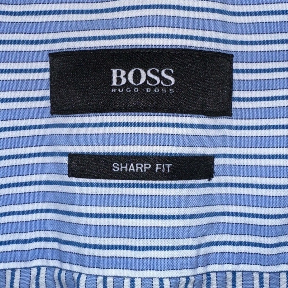 Hugo Boss‎ Sharp Fit Mens Blue White Striped Long Sleeve Button Down Dress Shirt
